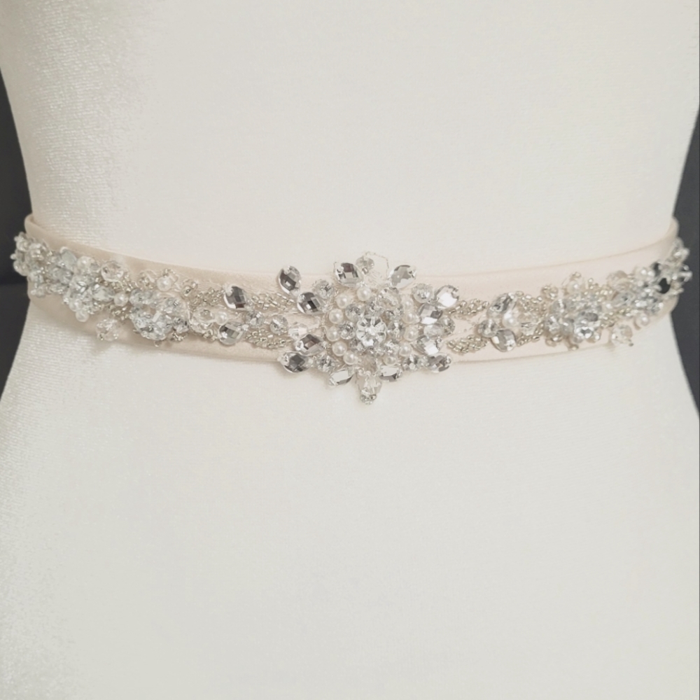 Off-White Satin Bridal Sash Belt With Rhinestones Sequins for Wedding Dr…
